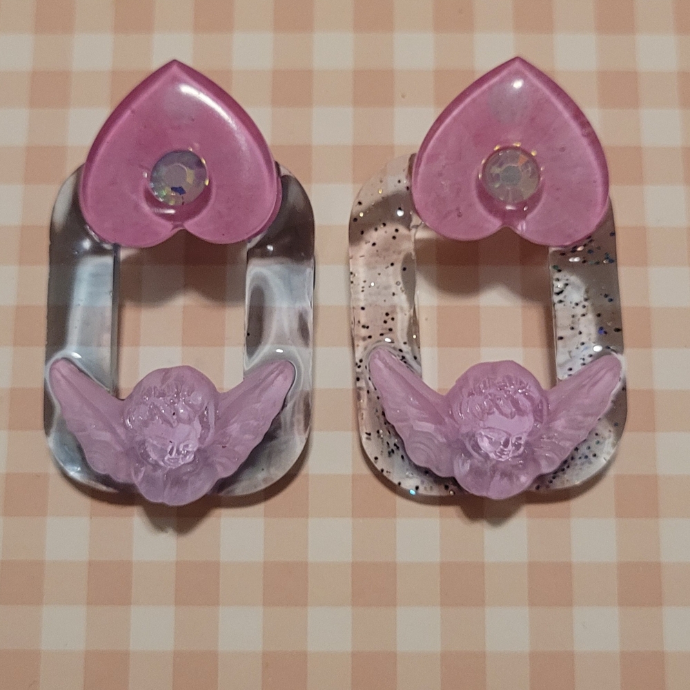 Pink and Clear Angel Anomaly Heart Earrings